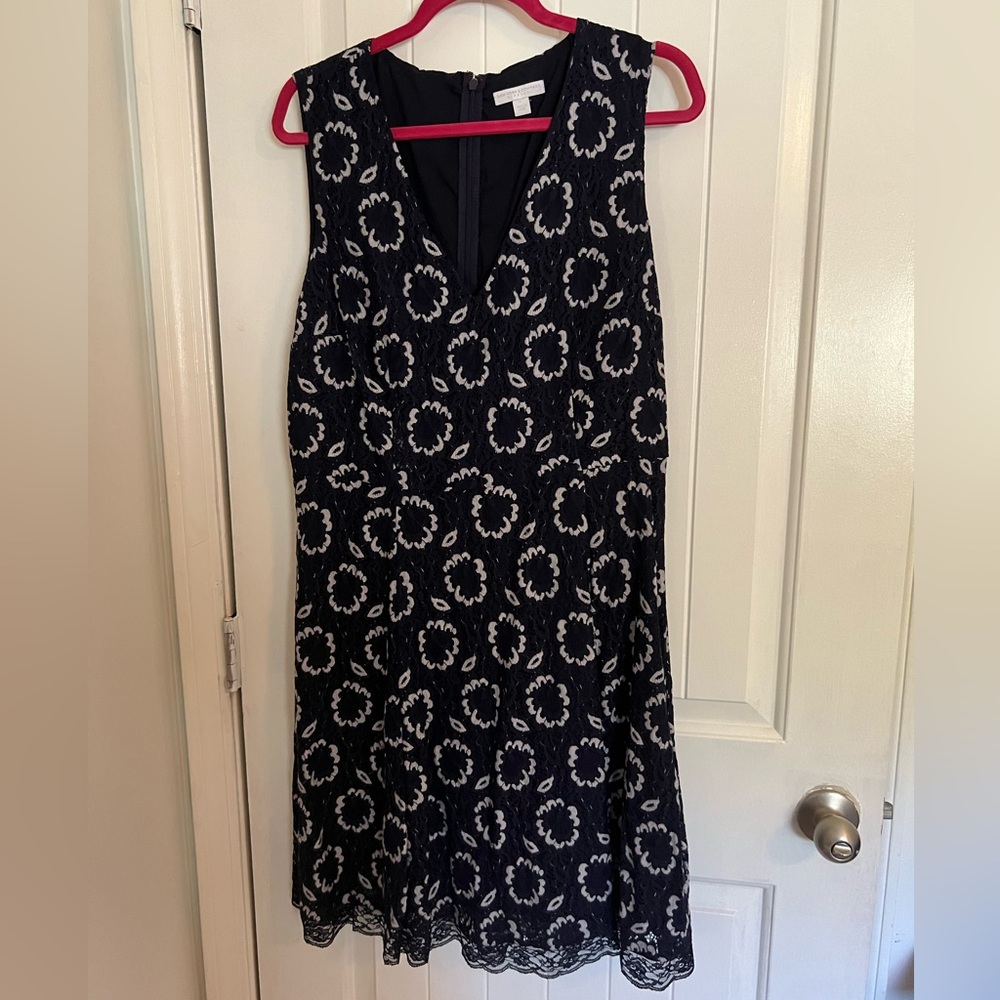 Navy and white lace v-neck a-line dress
